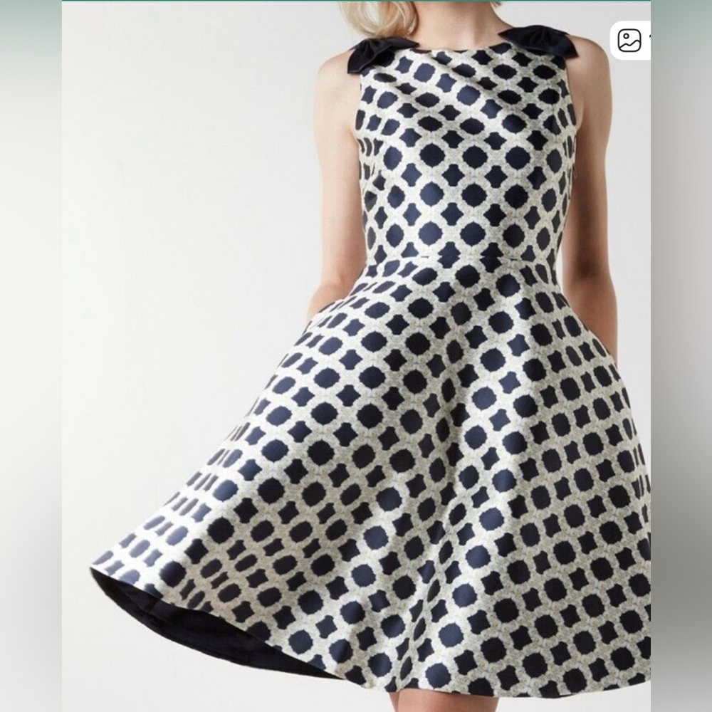 NEW WITH TAGS Ted Baker Navy and Cream Geometric Midi Dress Size 3 (US 8)